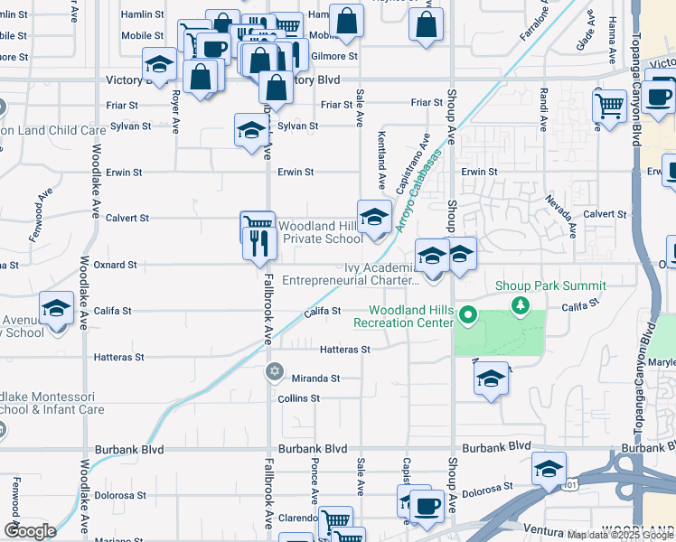 map of restaurants, bars, coffee shops, grocery stores, and more near 22636 West Oxnard Street in Los Angeles