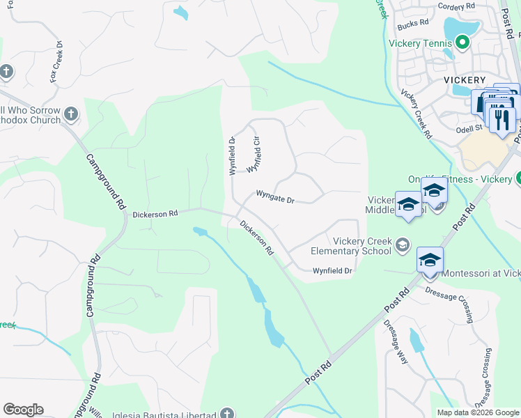 map of restaurants, bars, coffee shops, grocery stores, and more near 7025 Wynfield Drive in Cumming