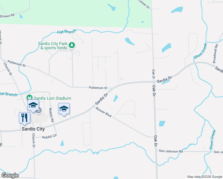map of restaurants, bars, coffee shops, grocery stores, and more near 1335 Sardis Drive in Sardis City