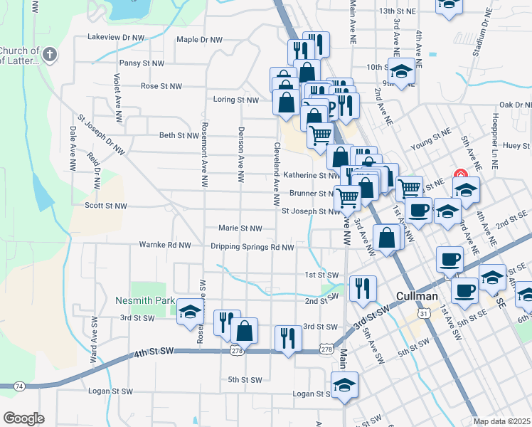 map of restaurants, bars, coffee shops, grocery stores, and more near 1308 Saint Joseph Street Northwest in Cullman