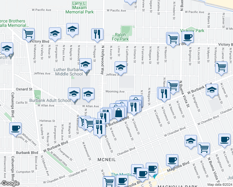 map of restaurants, bars, coffee shops, grocery stores, and more near 3302 Wyoming Avenue in Burbank