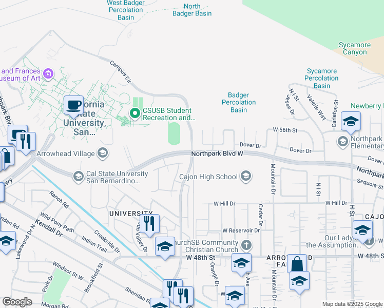 map of restaurants, bars, coffee shops, grocery stores, and more near W Northpark Blvd & Little Mountain Dr in San Bernardino