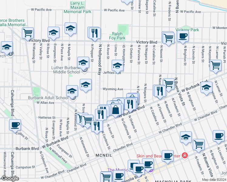 map of restaurants, bars, coffee shops, grocery stores, and more near 3302 Wyoming Avenue in Burbank