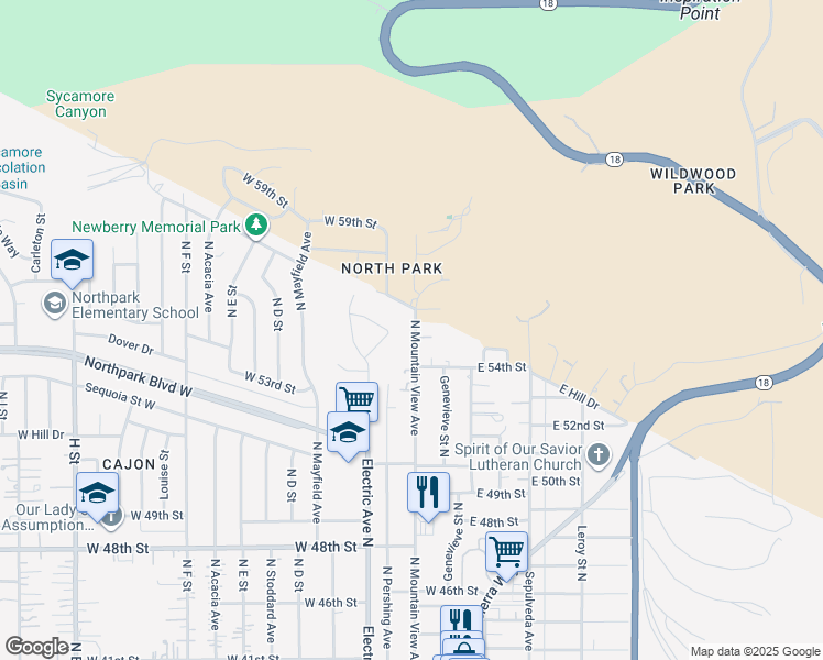 map of restaurants, bars, coffee shops, grocery stores, and more near 5472 North Mountain View Avenue in San Bernardino