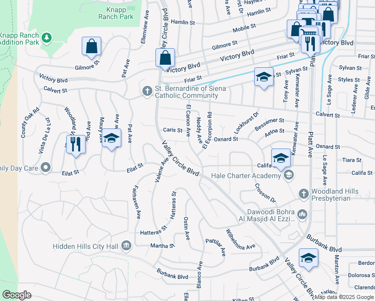map of restaurants, bars, coffee shops, grocery stores, and more near 24153 Califa Street in Los Angeles