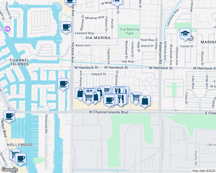 map of restaurants, bars, coffee shops, grocery stores, and more near 2560 Sextant Avenue in Port Hueneme