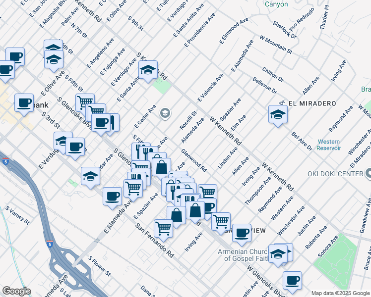 map of restaurants, bars, coffee shops, grocery stores, and more near 2045 Glenwood Road in Glendale