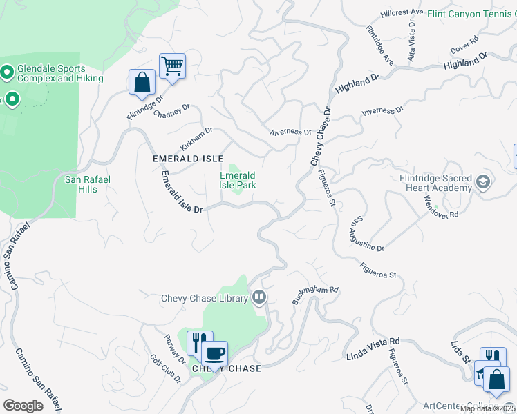 map of restaurants, bars, coffee shops, grocery stores, and more near 3506 Emerald Isle Drive in Glendale