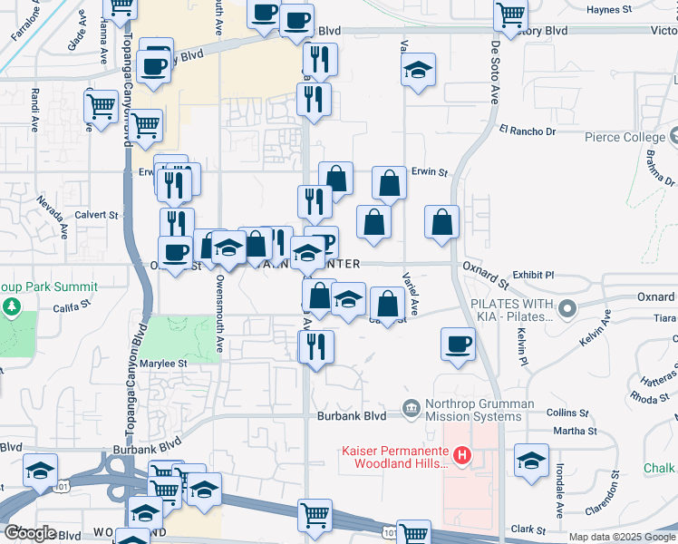 map of restaurants, bars, coffee shops, grocery stores, and more near 21322 West Oxnard Street in Los Angeles