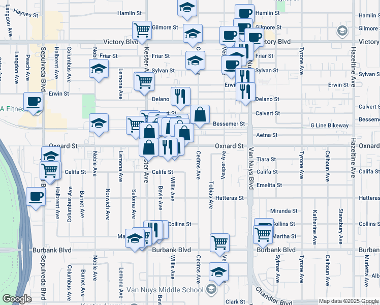 map of restaurants, bars, coffee shops, grocery stores, and more near 14700 Oxnard Street in Los Angeles