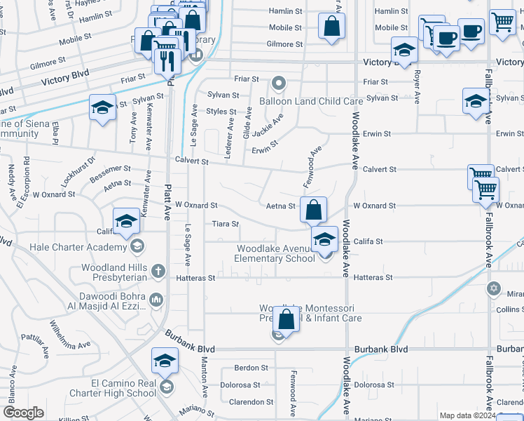 map of restaurants, bars, coffee shops, grocery stores, and more near 23416 Aetna Street in Los Angeles