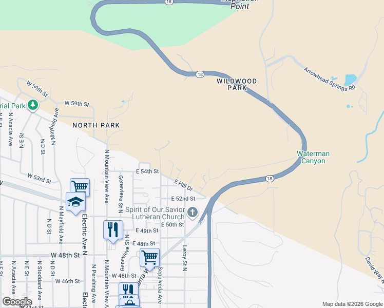map of restaurants, bars, coffee shops, grocery stores, and more near 5500 South Sepulveda Avenue in San Bernardino