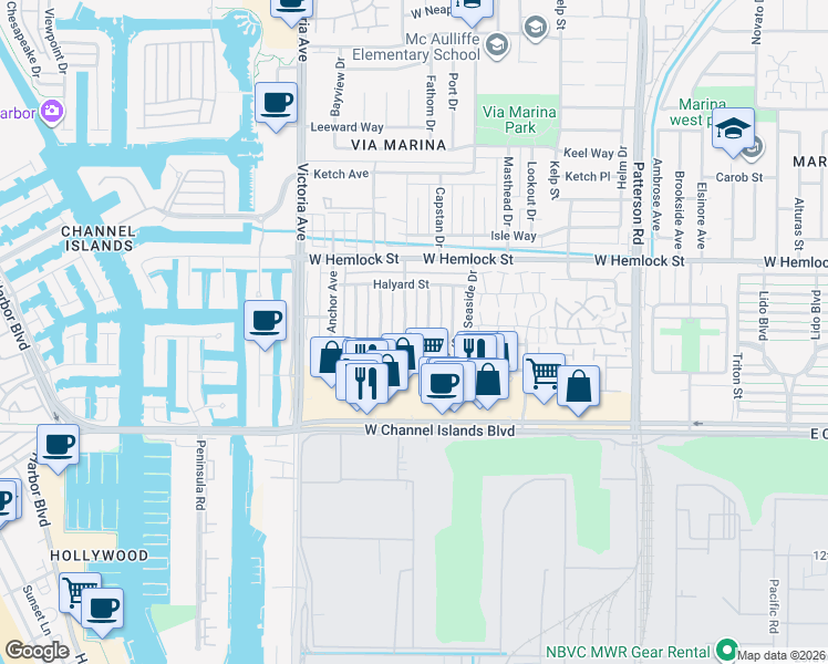 map of restaurants, bars, coffee shops, grocery stores, and more near 2566 Tiller Avenue in Port Hueneme