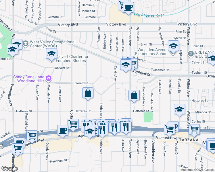 map of restaurants, bars, coffee shops, grocery stores, and more near 19439 West Oxnard Street in Los Angeles