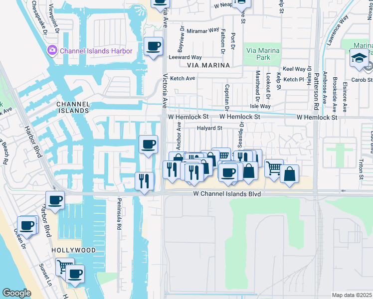 map of restaurants, bars, coffee shops, grocery stores, and more near 2563 Yardarm Avenue in Port Hueneme