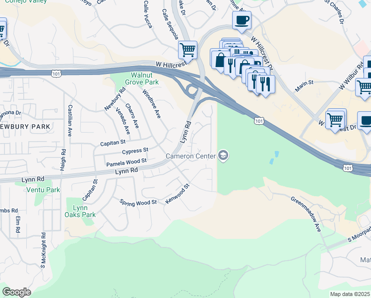 map of restaurants, bars, coffee shops, grocery stores, and more near 205 Pebble Beach Drive in Thousand Oaks
