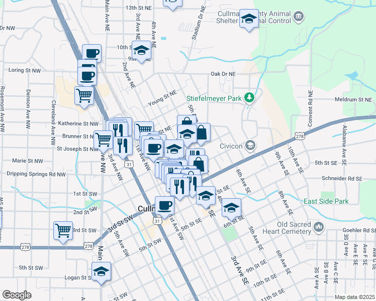 map of restaurants, bars, coffee shops, grocery stores, and more near 301 1st Street Northeast in Cullman