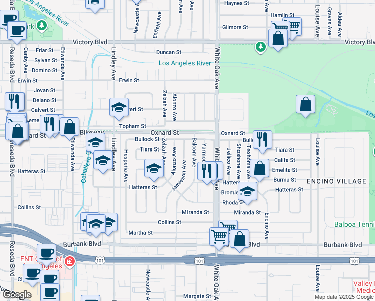 map of restaurants, bars, coffee shops, grocery stores, and more near 5950 Jamieson Avenue in Los Angeles