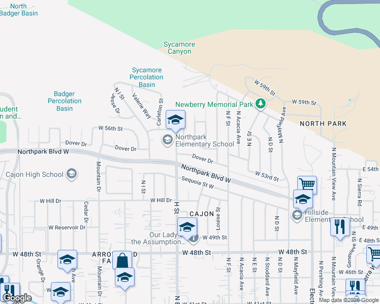 map of restaurants, bars, coffee shops, grocery stores, and more near 782 Dover Drive in San Bernardino