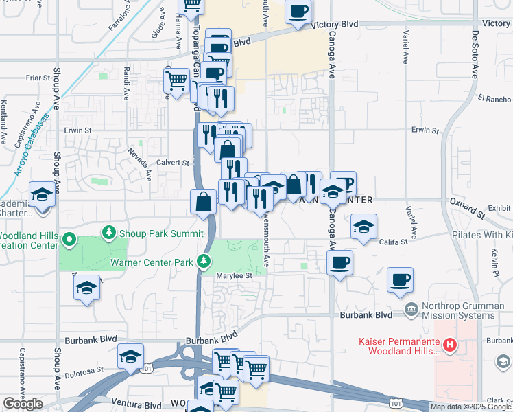 map of restaurants, bars, coffee shops, grocery stores, and more near 21700 Oxnard Street in Los Angeles