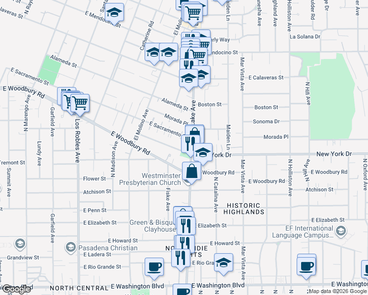 map of restaurants, bars, coffee shops, grocery stores, and more near 867 New York Drive in Altadena