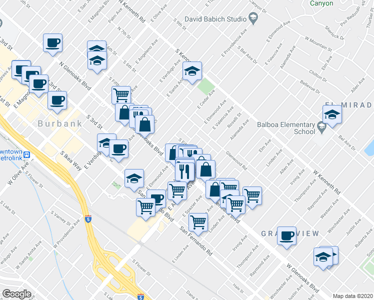 map of restaurants, bars, coffee shops, grocery stores, and more near 434 East Elmwood Avenue in Burbank