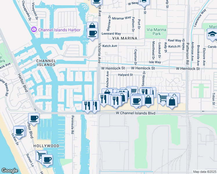 map of restaurants, bars, coffee shops, grocery stores, and more near 2564 Anchor Avenue in Port Hueneme