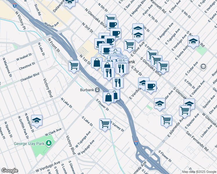 map of restaurants, bars, coffee shops, grocery stores, and more near 101 South First Street in Burbank