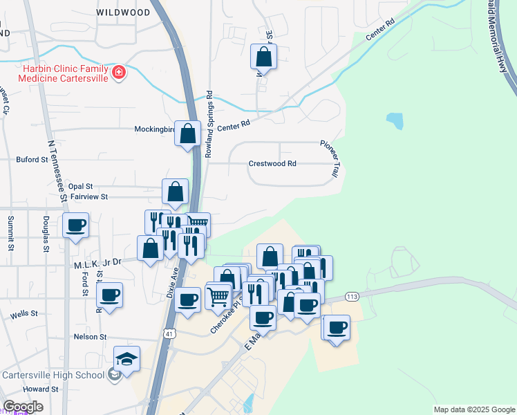 map of restaurants, bars, coffee shops, grocery stores, and more near 105 Timber Ridge Drive in Cartersville