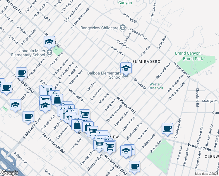 map of restaurants, bars, coffee shops, grocery stores, and more near 1907 West Kenneth Road in Glendale