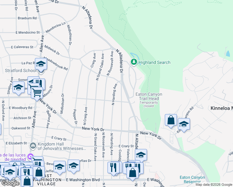 map of restaurants, bars, coffee shops, grocery stores, and more near 1914 North Harding Avenue in Altadena