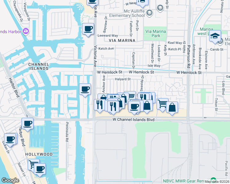 map of restaurants, bars, coffee shops, grocery stores, and more near 2563 Spinnaker Avenue in Port Hueneme
