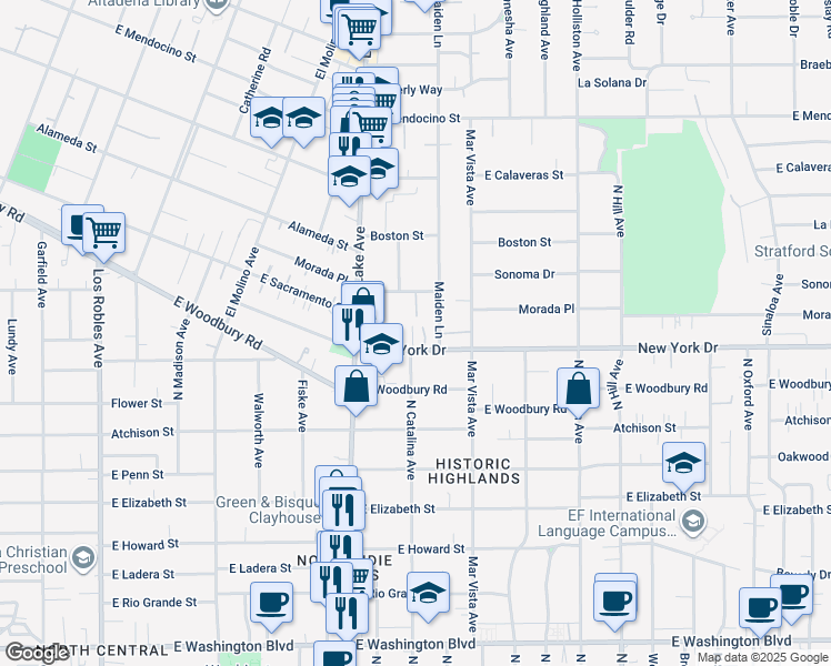 map of restaurants, bars, coffee shops, grocery stores, and more near 1023 New York Drive in Altadena