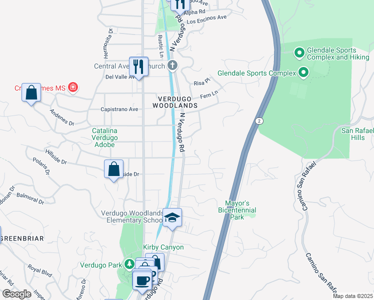 map of restaurants, bars, coffee shops, grocery stores, and more near 2108 North Verdugo Road in Glendale
