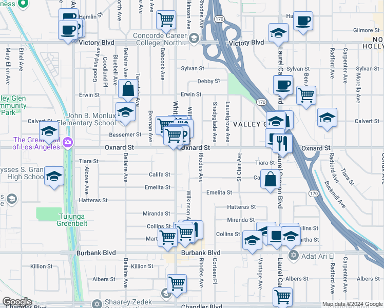 map of restaurants, bars, coffee shops, grocery stores, and more near 5960 Wilkinson Avenue in Los Angeles