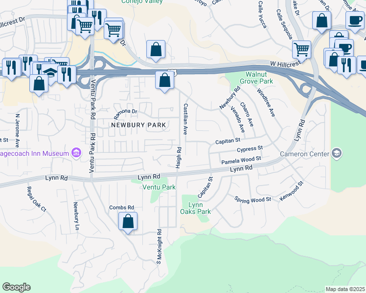 map of restaurants, bars, coffee shops, grocery stores, and more near 63 Castilian Court in Thousand Oaks