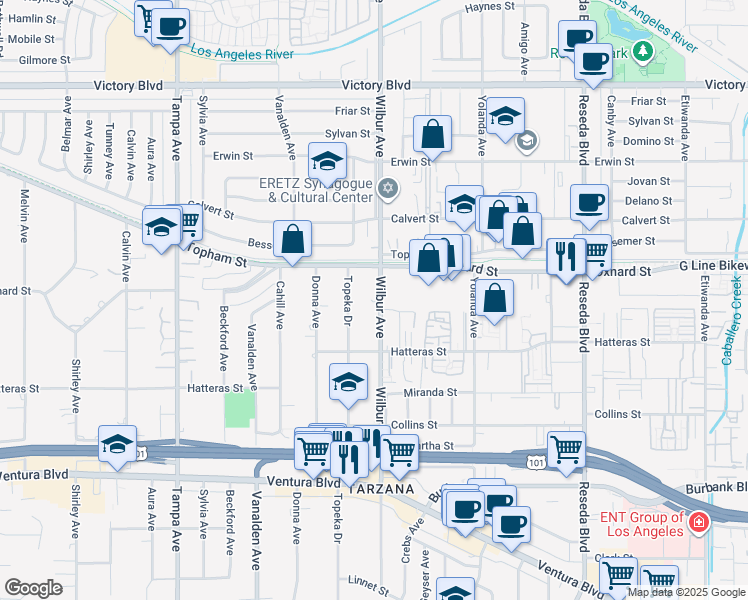 map of restaurants, bars, coffee shops, grocery stores, and more near 5965 Wilbur Avenue in Los Angeles
