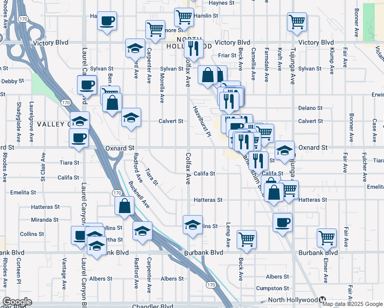 map of restaurants, bars, coffee shops, grocery stores, and more near 5948 Colfax Avenue in Los Angeles