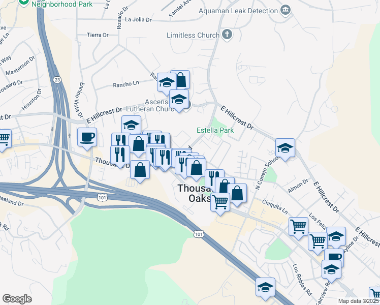 map of restaurants, bars, coffee shops, grocery stores, and more near 130 Erbes Road in Thousand Oaks