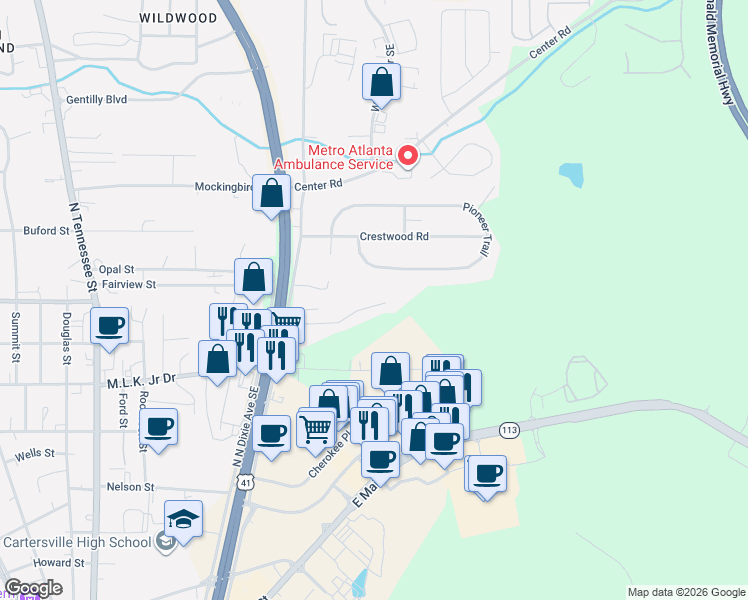 map of restaurants, bars, coffee shops, grocery stores, and more near 105 Timber Ridge Drive in Cartersville