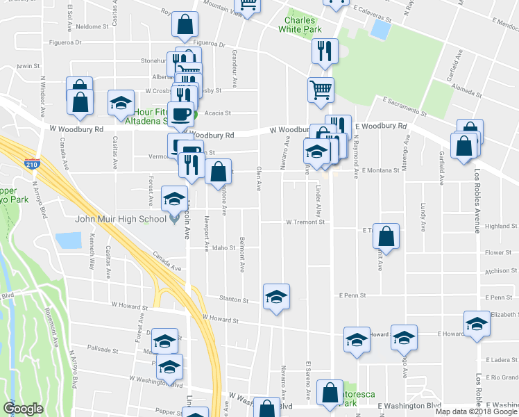 map of restaurants, bars, coffee shops, grocery stores, and more near Glen Avenue & Wyoming Street in Pasadena