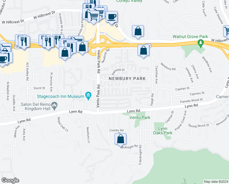 map of restaurants, bars, coffee shops, grocery stores, and more near 24 Robertson Way in Thousand Oaks