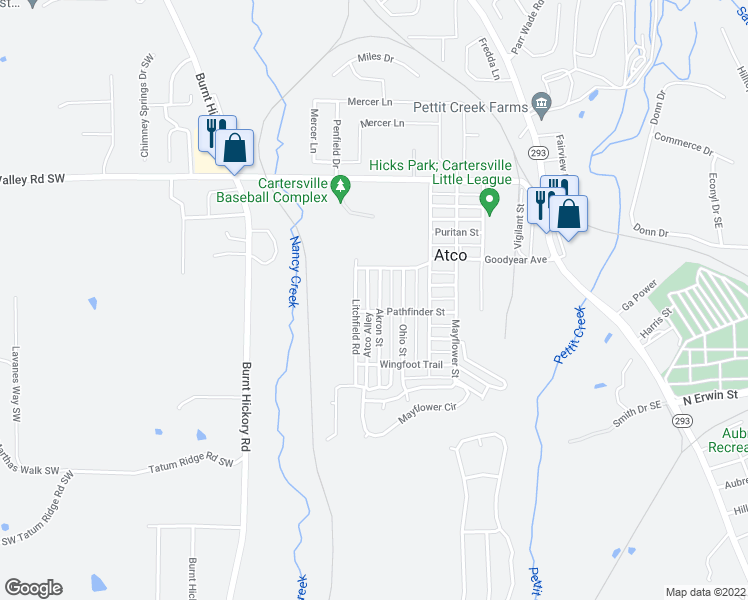 map of restaurants, bars, coffee shops, grocery stores, and more near 39 Akron Street in Cartersville