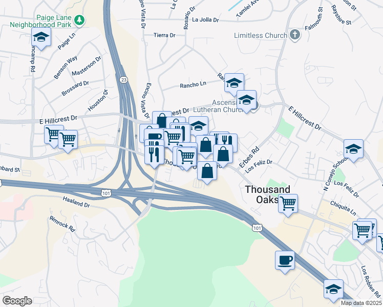 map of restaurants, bars, coffee shops, grocery stores, and more near 1423 Thousand Oaks Boulevard in Thousand Oaks