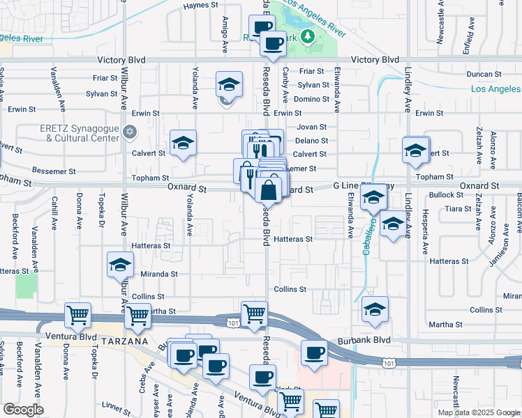 map of restaurants, bars, coffee shops, grocery stores, and more near 6002-6022 Reseda Boulevard in Los Angeles