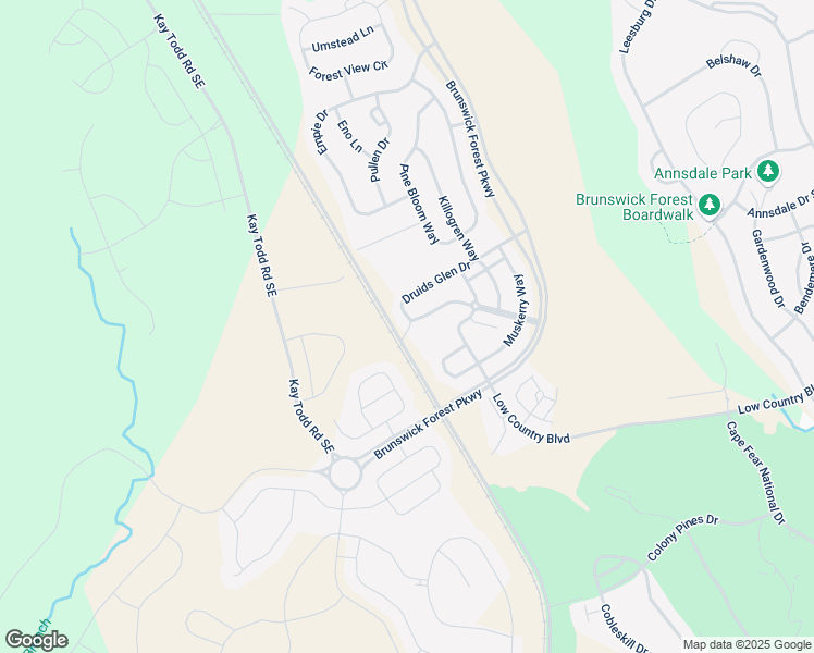 map of restaurants, bars, coffee shops, grocery stores, and more near Druids Glen Drive in Leland