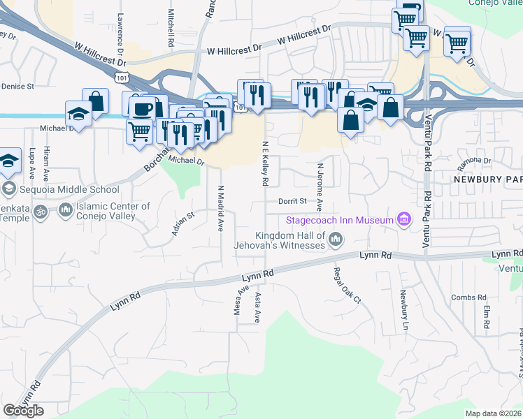 map of restaurants, bars, coffee shops, grocery stores, and more near 29 Lynn Road in Thousand Oaks