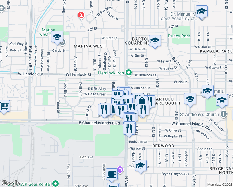 map of restaurants, bars, coffee shops, grocery stores, and more near 337 East Elfin Green in Port Hueneme