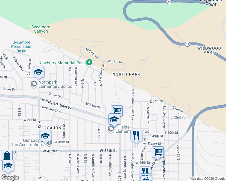 map of restaurants, bars, coffee shops, grocery stores, and more near 5482 Electric Avenue North in San Bernardino