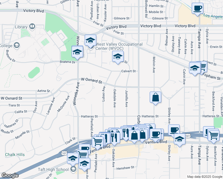 map of restaurants, bars, coffee shops, grocery stores, and more near 5955 Oakdale Avenue in Los Angeles